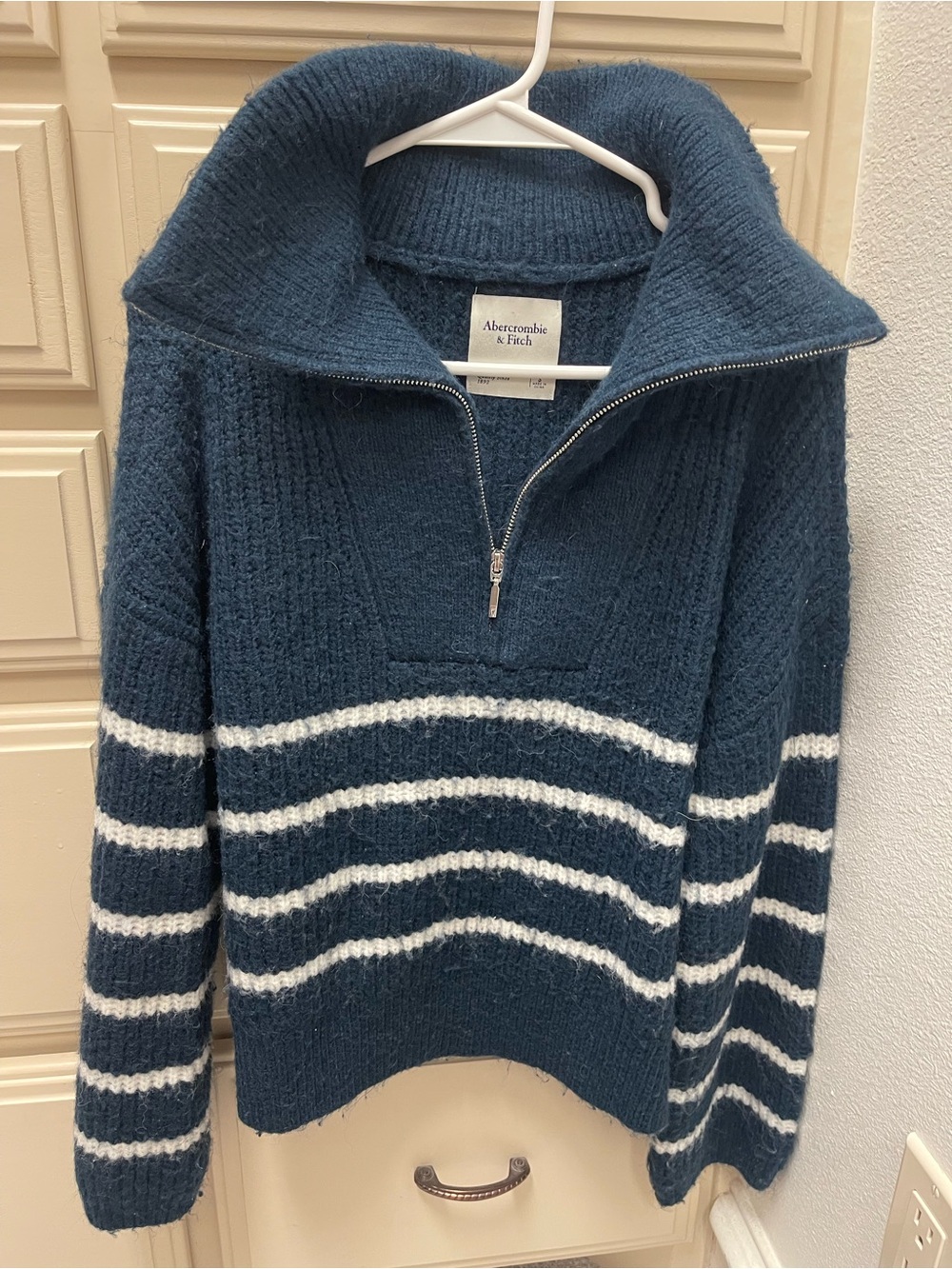 Abercrombie & Fitch Navy Half-Zip Funnel Neck Striped Sweater